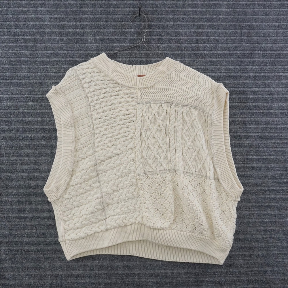 Free People Sweater Vest Womens Size M Ivory Patchwork Cable Knit Relaxed Fit